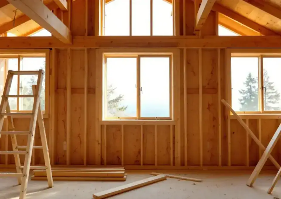 Timber framing of a custom home under construction, sunlight raking through window openings