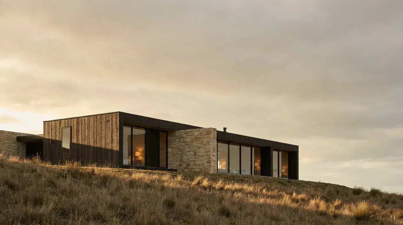 Golden-hour view of a custom timber and limestone home on a grassy rise, lamps lit inside