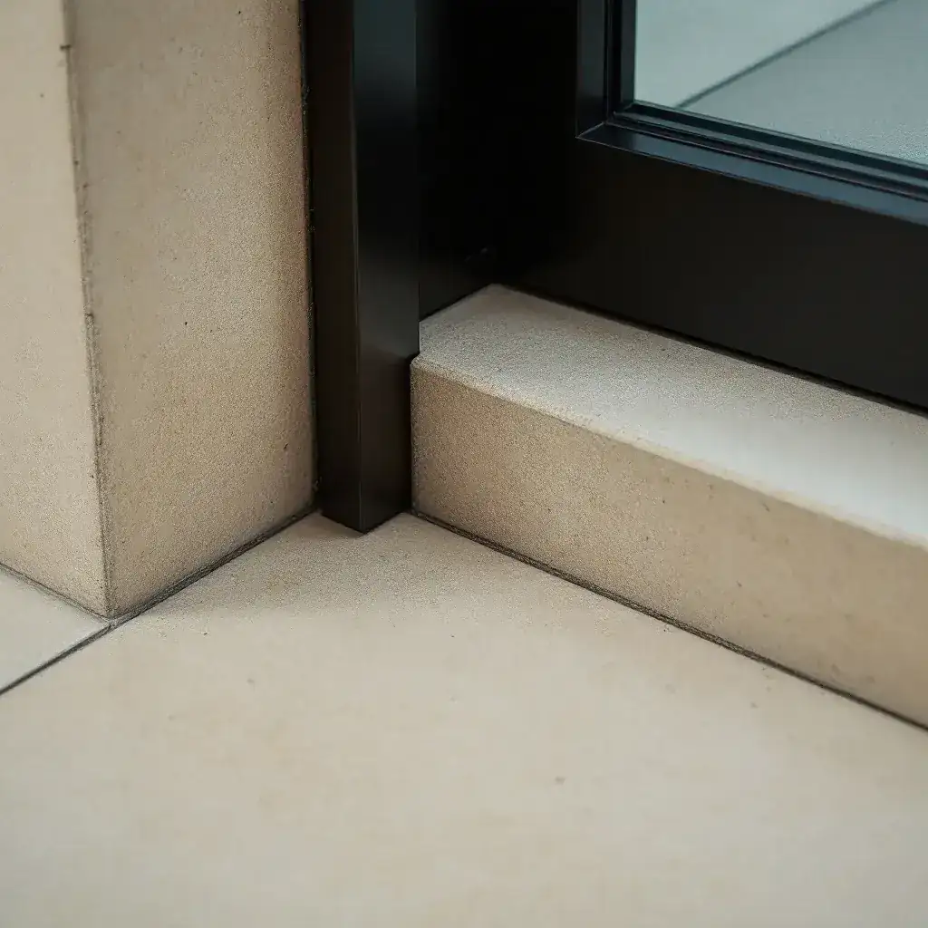 Macro detail of a honed limestone threshold meeting a blackened-steel door frame