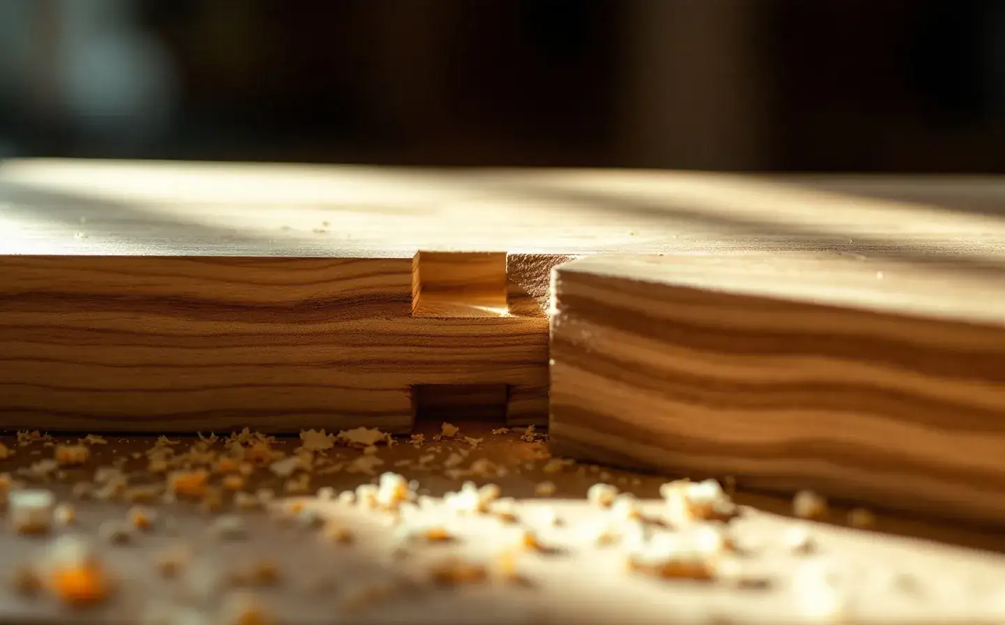 Hand-cut joinery in white oak with wood shavings, lit by raking warm light