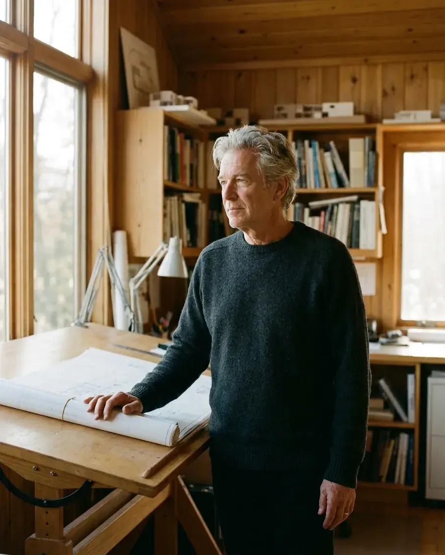 Founding architect Elias Corven at the drafting table in the Corven & Field studio