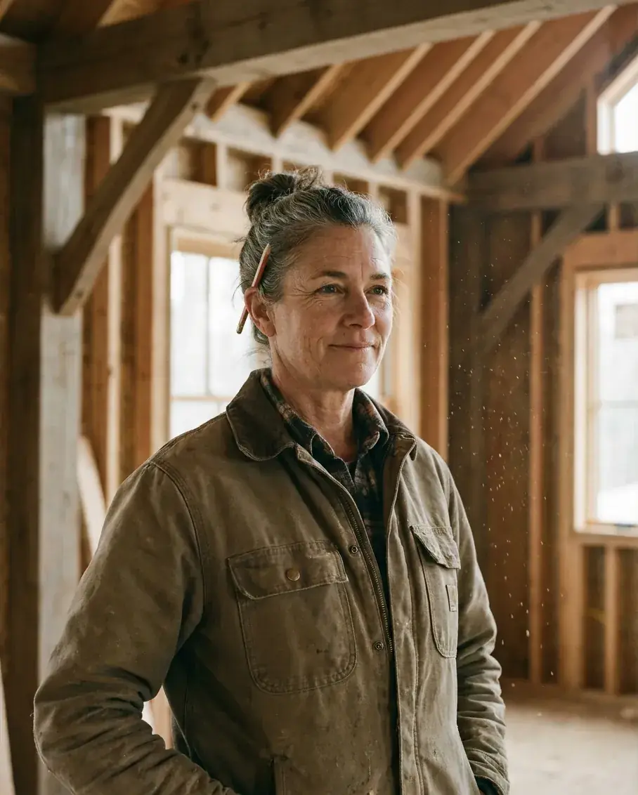 Master builder Marta Field standing in the timber framing of a house under construction
