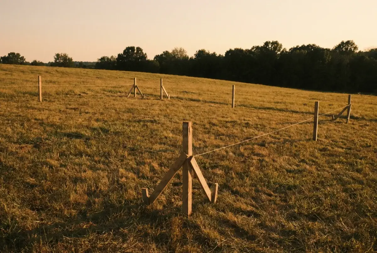 A grass meadow at golden hour staked out with timber survey stakes and string lines marking a house footprint