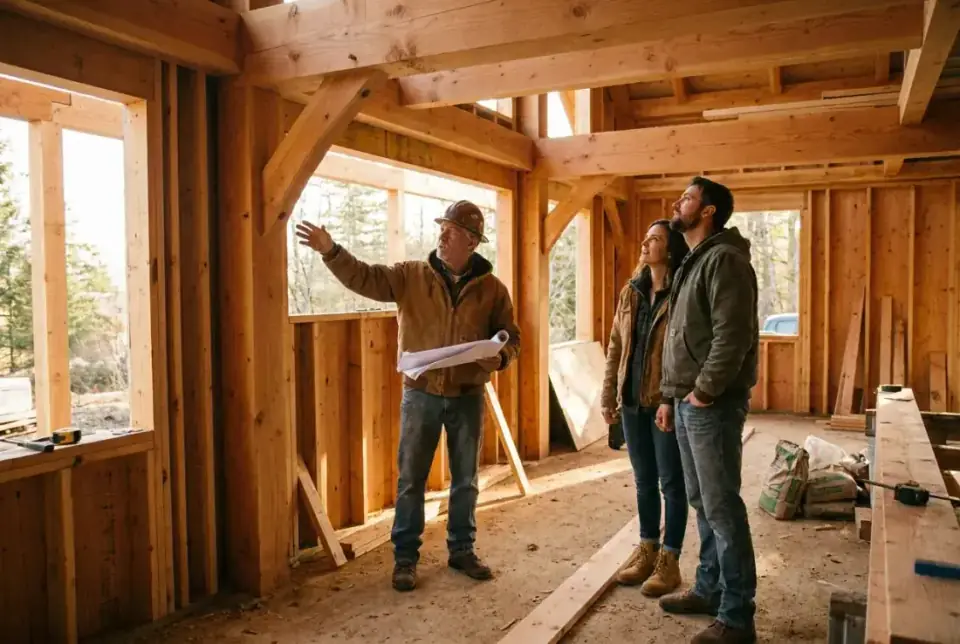 A Corven & Field site supervisor walking two homeowners through their timber-framed house, drawing set in hand
