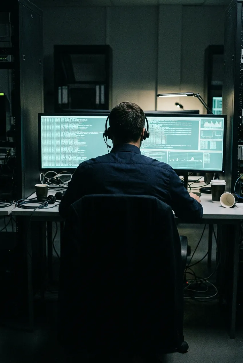 A Coldkeep analyst with a headset at a dual-monitor console, reviewing live logs on a night shift