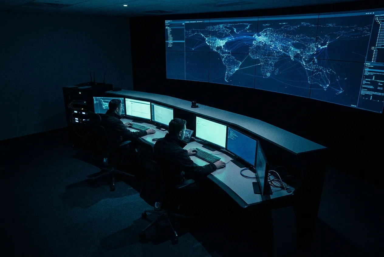 The Coldkeep watch floor at night: analysts at a curved console beneath a wall-sized global threat map