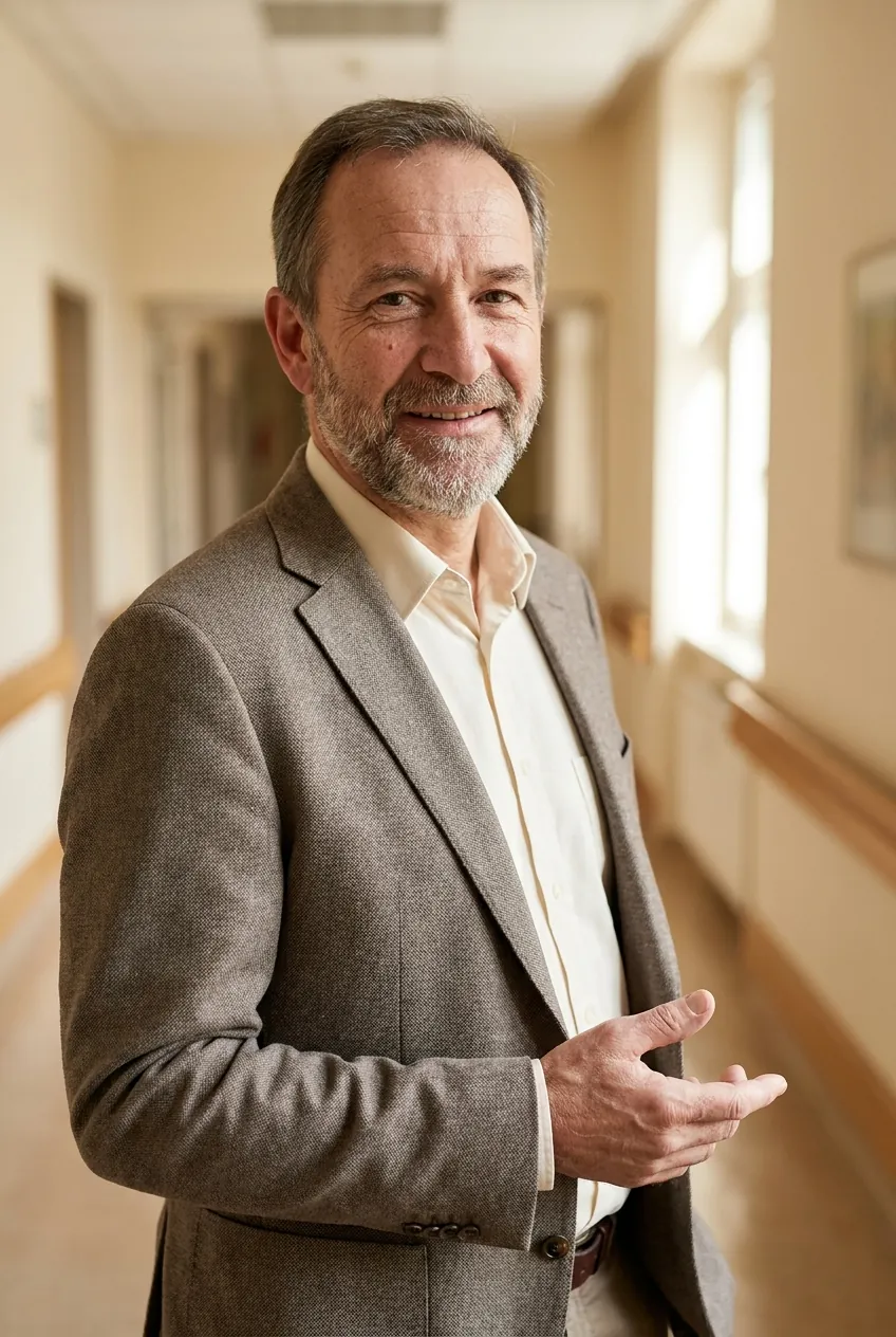 Dr. Julian Rede in a warm consulting corridor