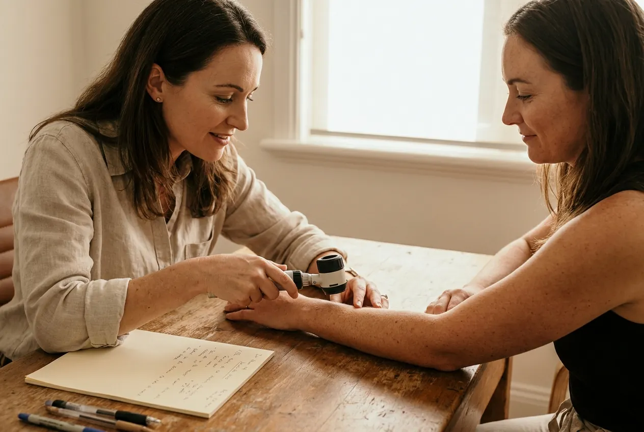 A dermatologist reads a patient's skin with a dermatoscope across a warm table