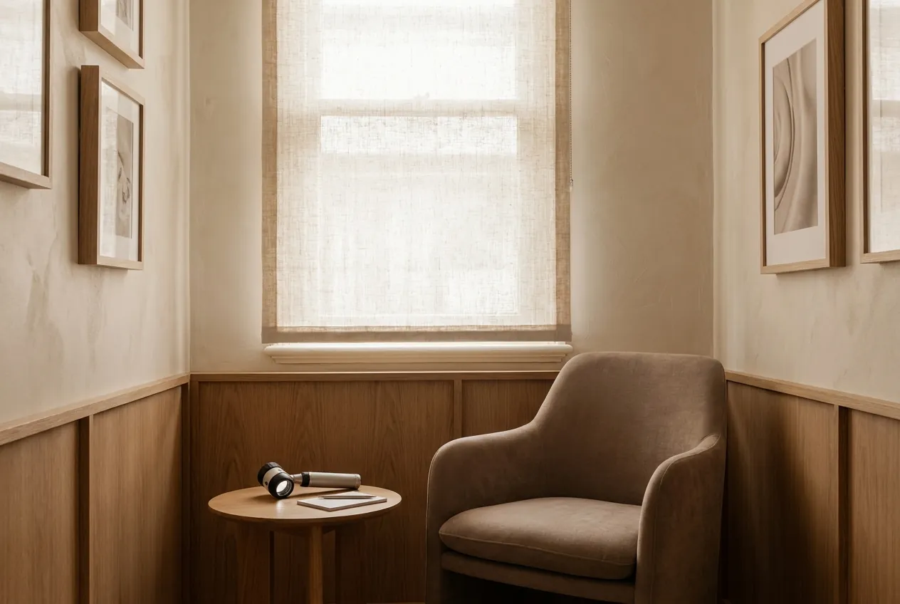 A warm dermatology consulting room in soft daylight