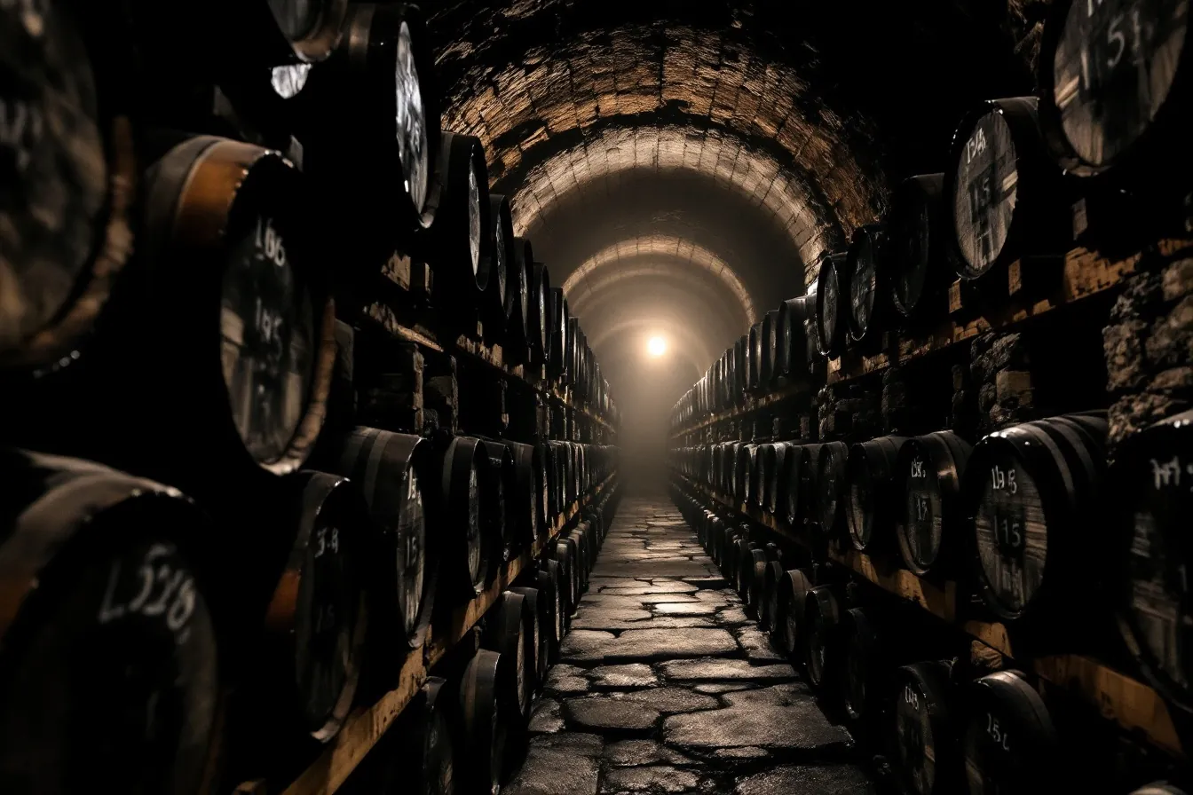 Rows of chalk-numbered whisky casks receding into the dark of the basalt bond store