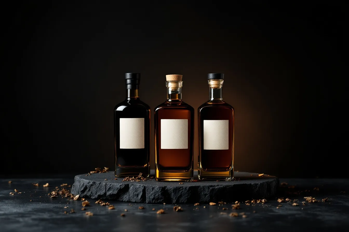 The Coppermill range — amber whisky bottles and a clear gin bottle on a basalt slab