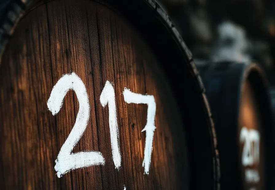 Chalk number 217 handwritten on the end of a dark oak cask