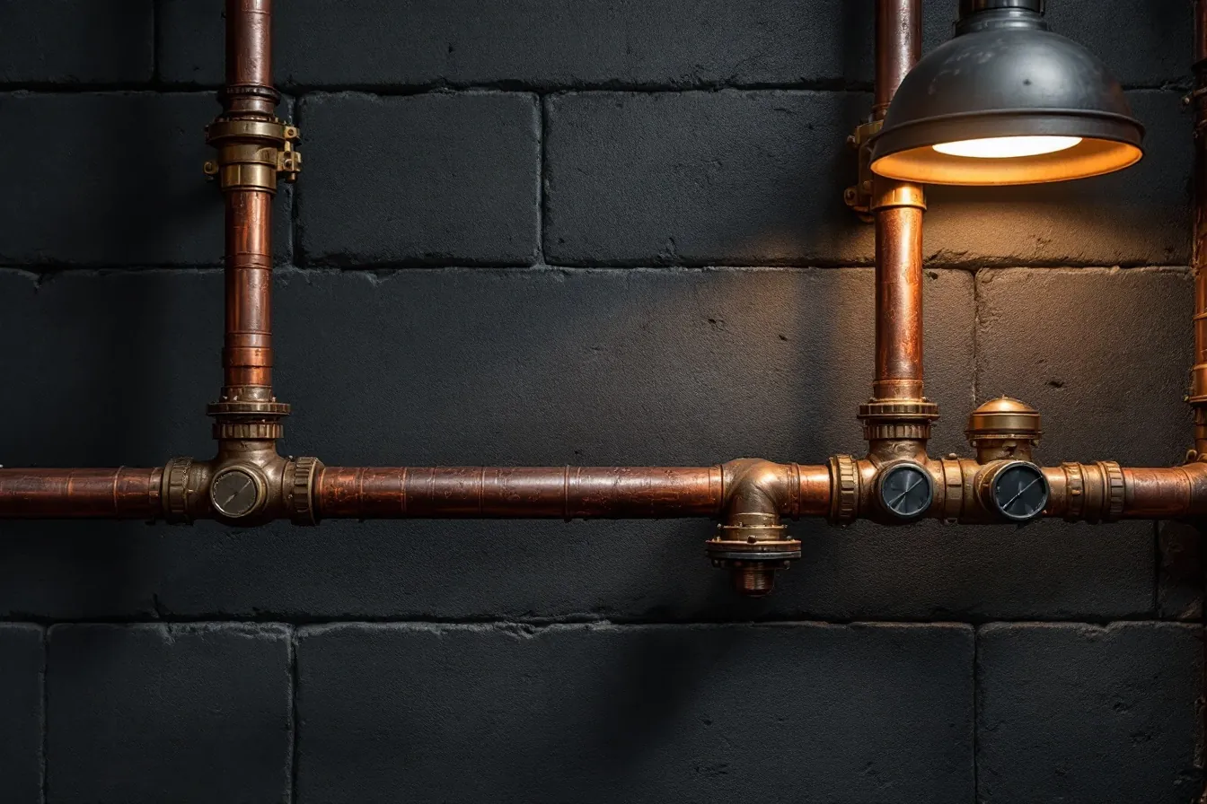 Copper pipework and brass valves running along the basalt wall of the still house