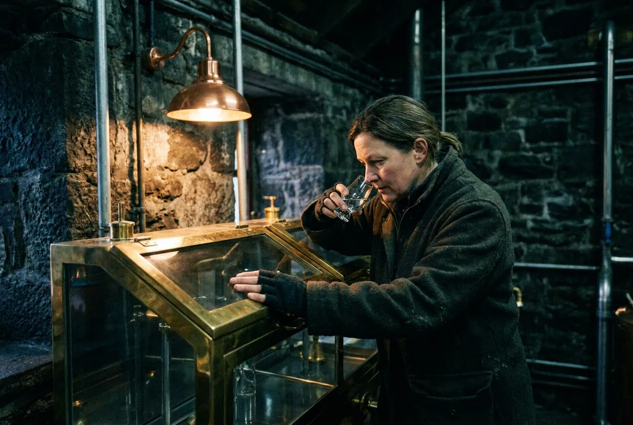 Head distiller Saskia Reid nosing new-make spirit at the brass spirit safe