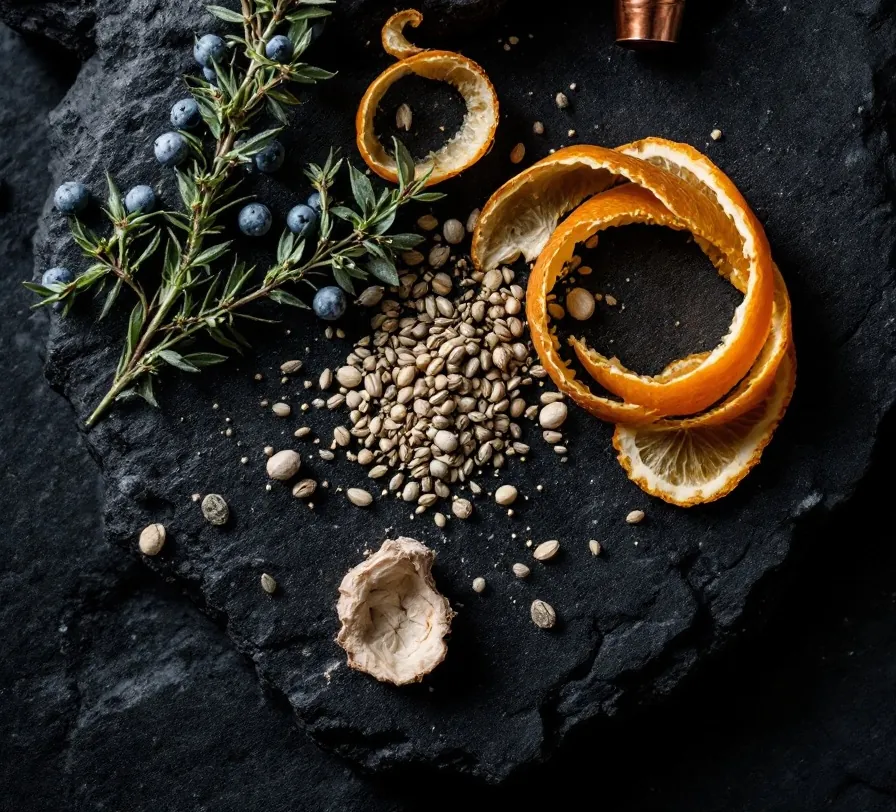 Juniper, orange peel and coriander seed laid out on dark basalt stone
