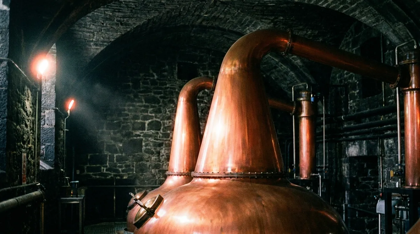 A copper pot still glowing against the cold basalt stone of the Coppermill still house