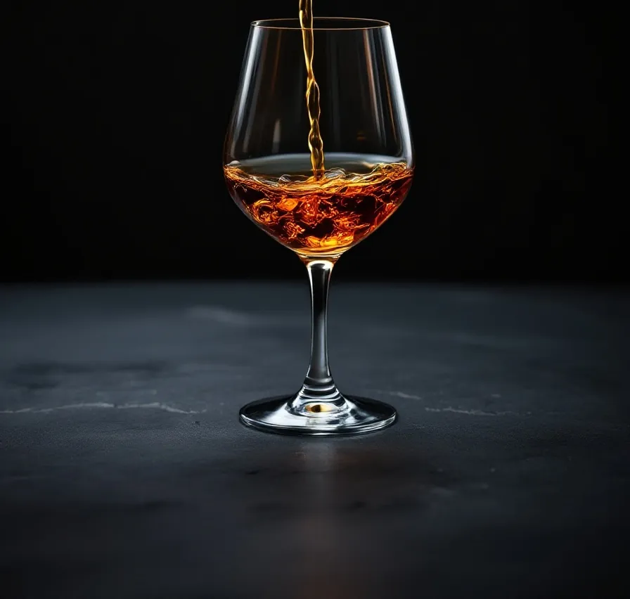 Millrace single malt pouring into a tulip tasting glass, backlit amber against dark stone