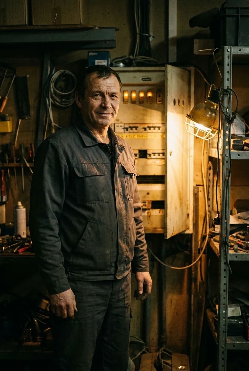 Master electrician Marcus Hale beside a lit switchboard in the Voltmere workshop