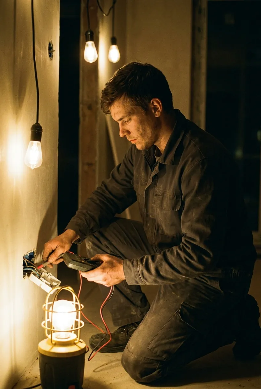Electrician Theo Brandt testing a socket with a multimeter in an unfinished room