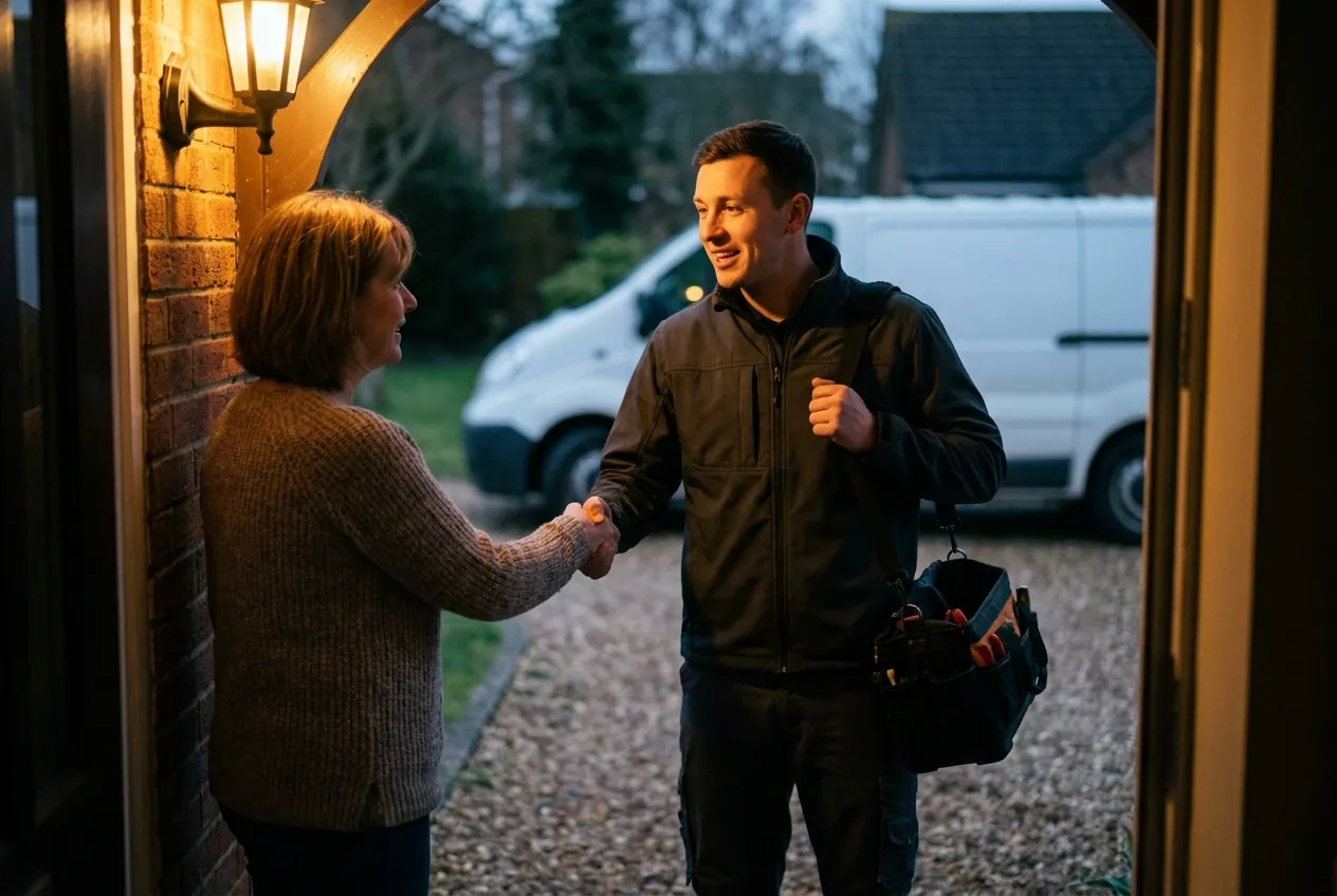 A Voltmere electrician shaking hands with a homeowner at her front door at dusk