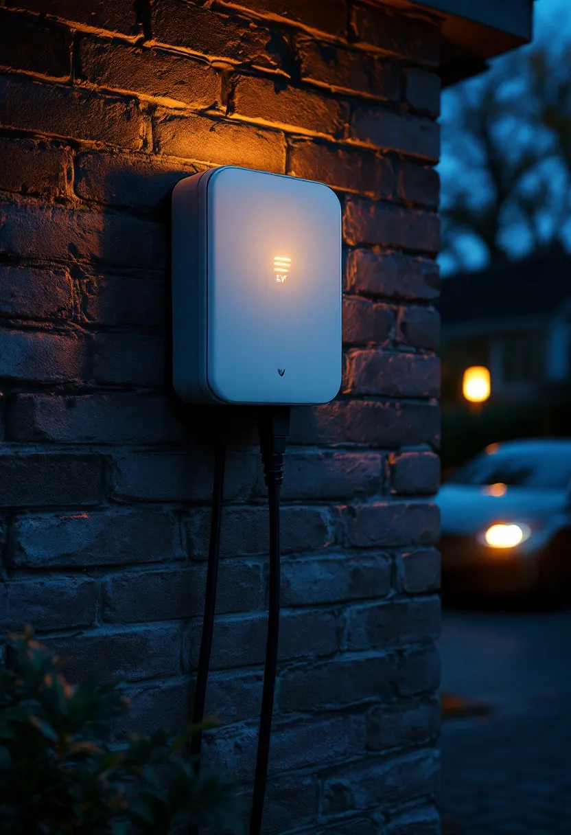 A wall-mounted EV charger glowing softly on a dark brick wall at dusk