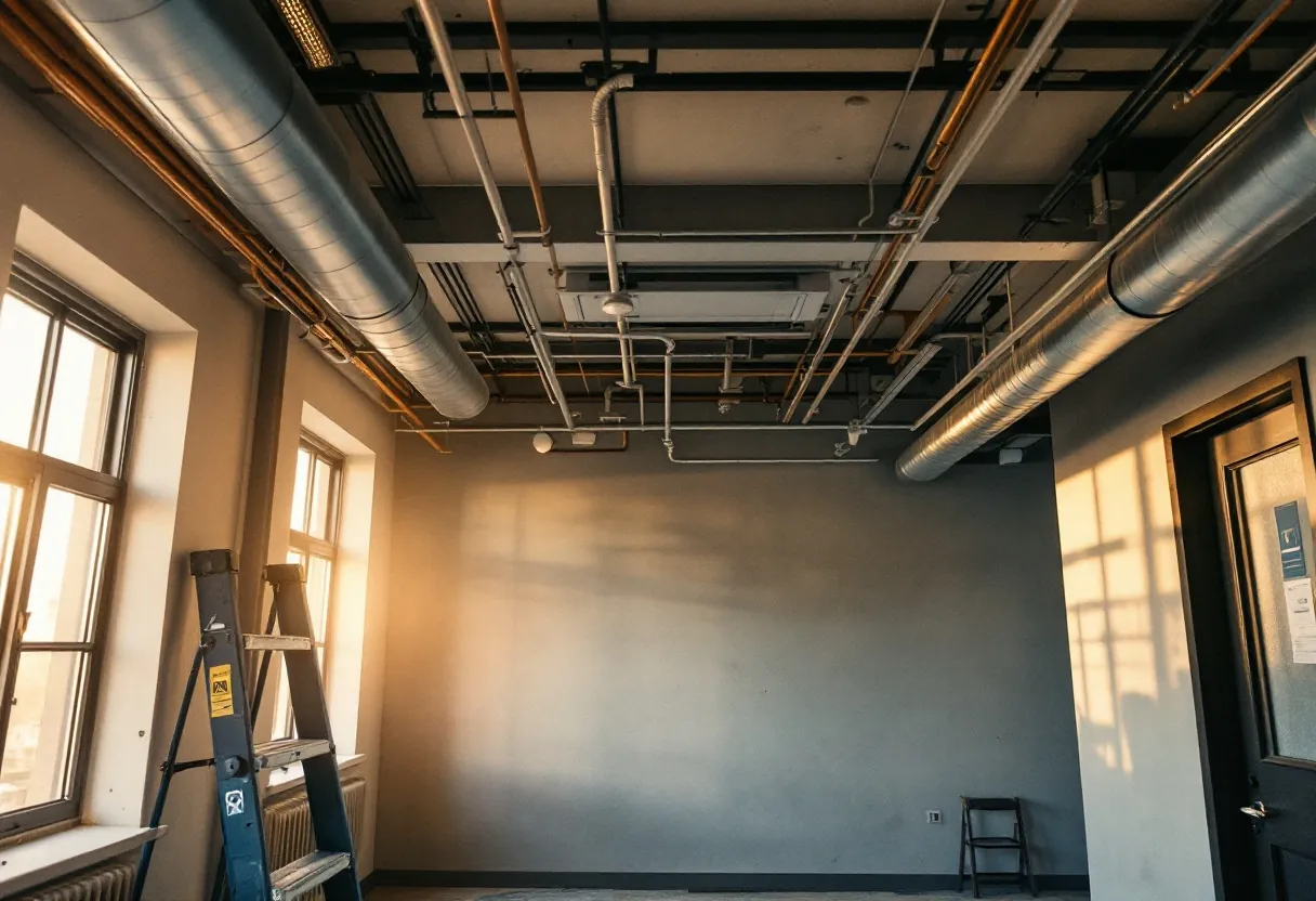 Morning light in a commercial fit-out with neat cable trays above an open ceiling grid
