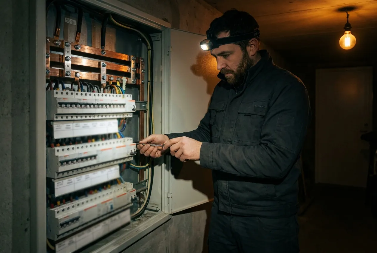 A Voltmere electrician in a head-torch working on a switchboard with a copper busbar at night