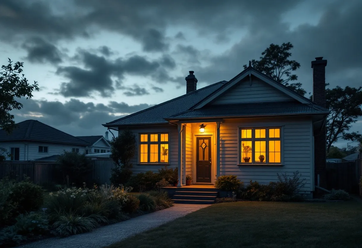 A weatherboard home at dusk with every window glowing warm