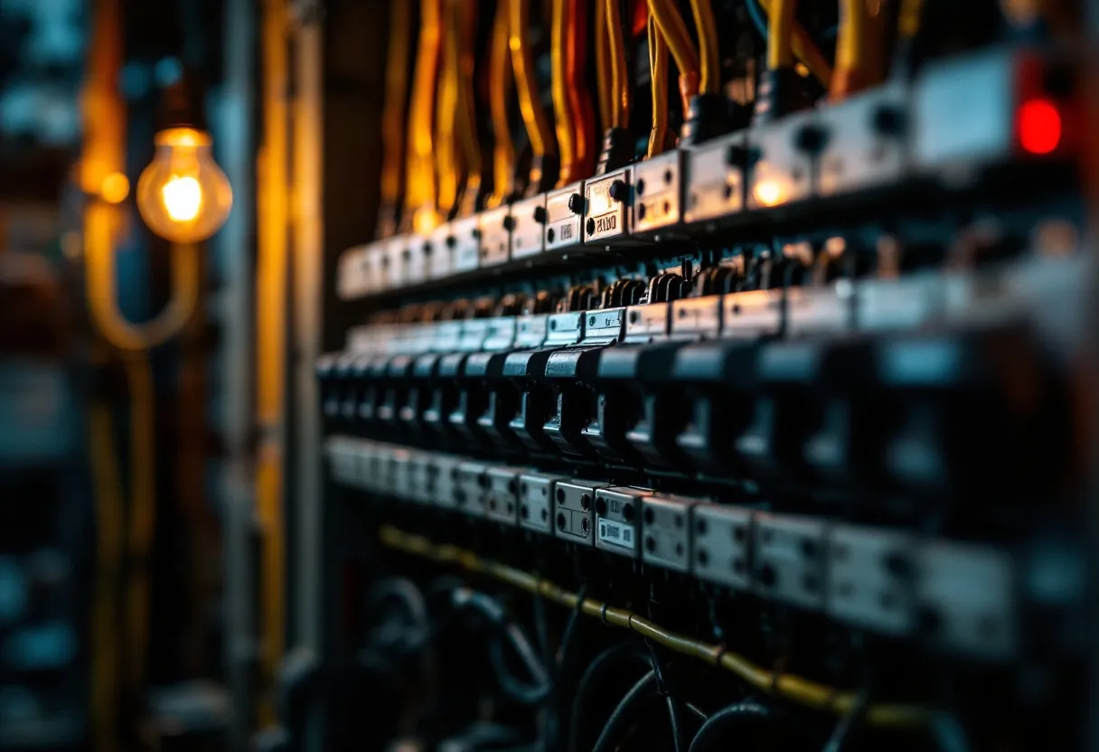 Macro of a neatly wired switchboard with a copper busbar under warm work light