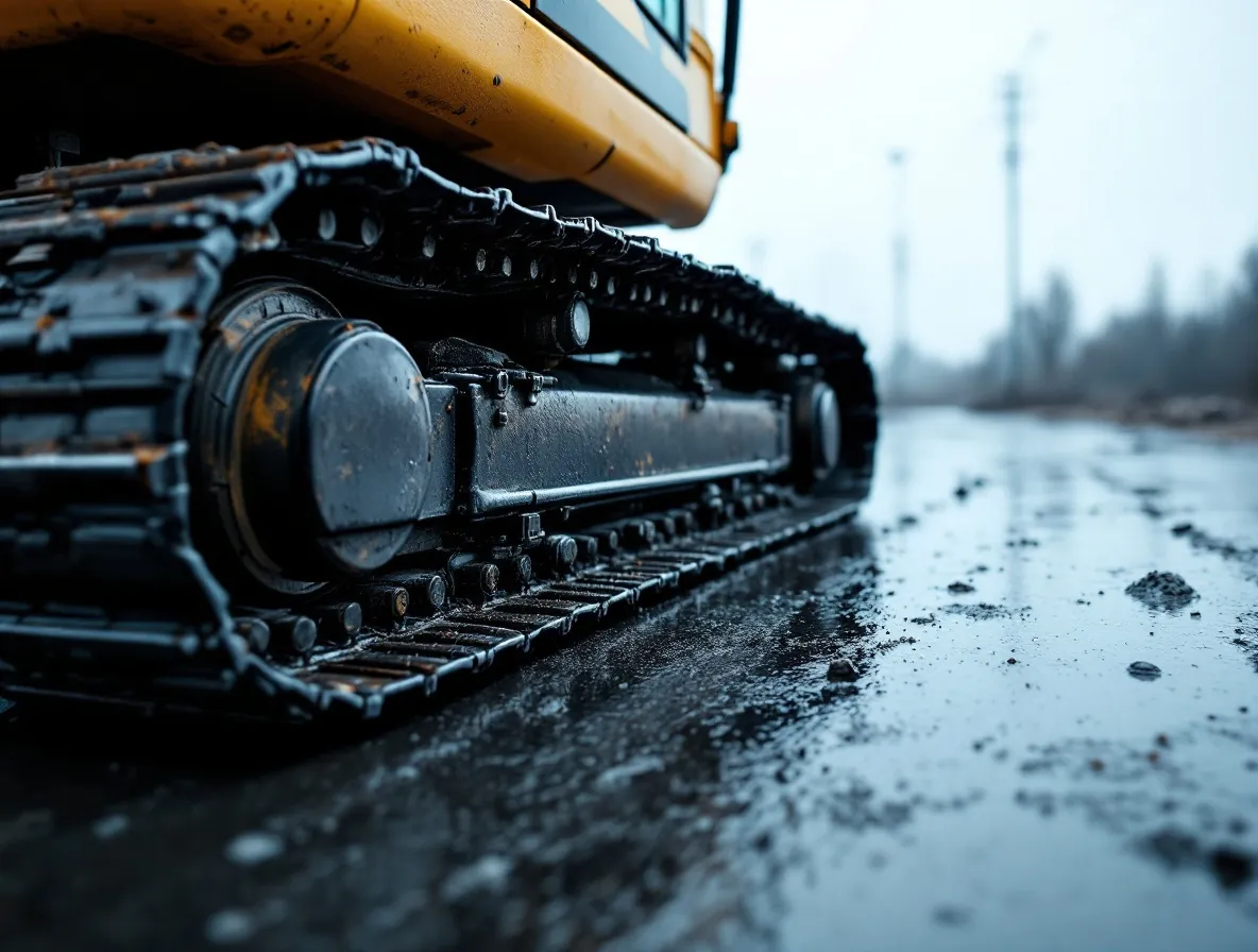 Rubber tracks of a compact excavator on wet asphalt