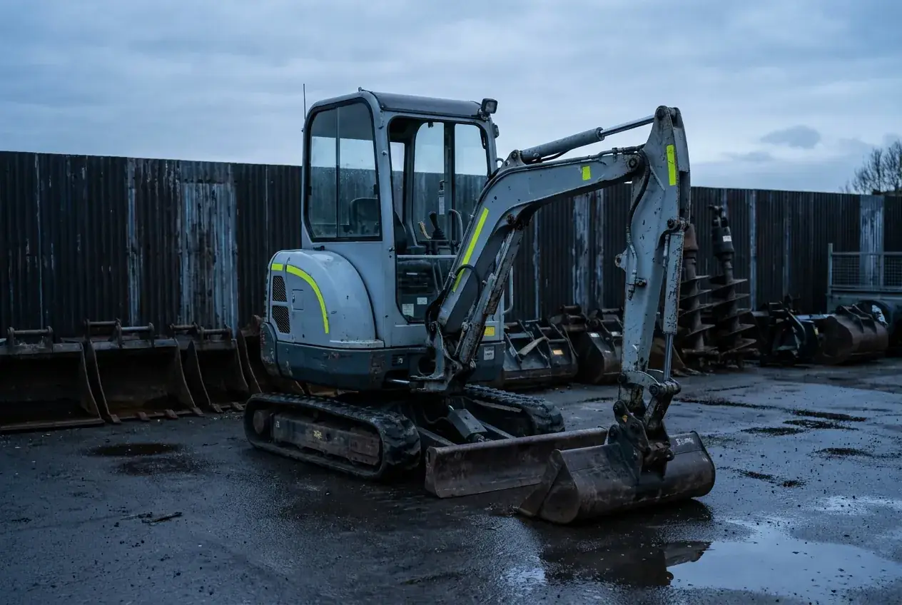 1.8T mini excavator parked in the Ironline yard at dusk