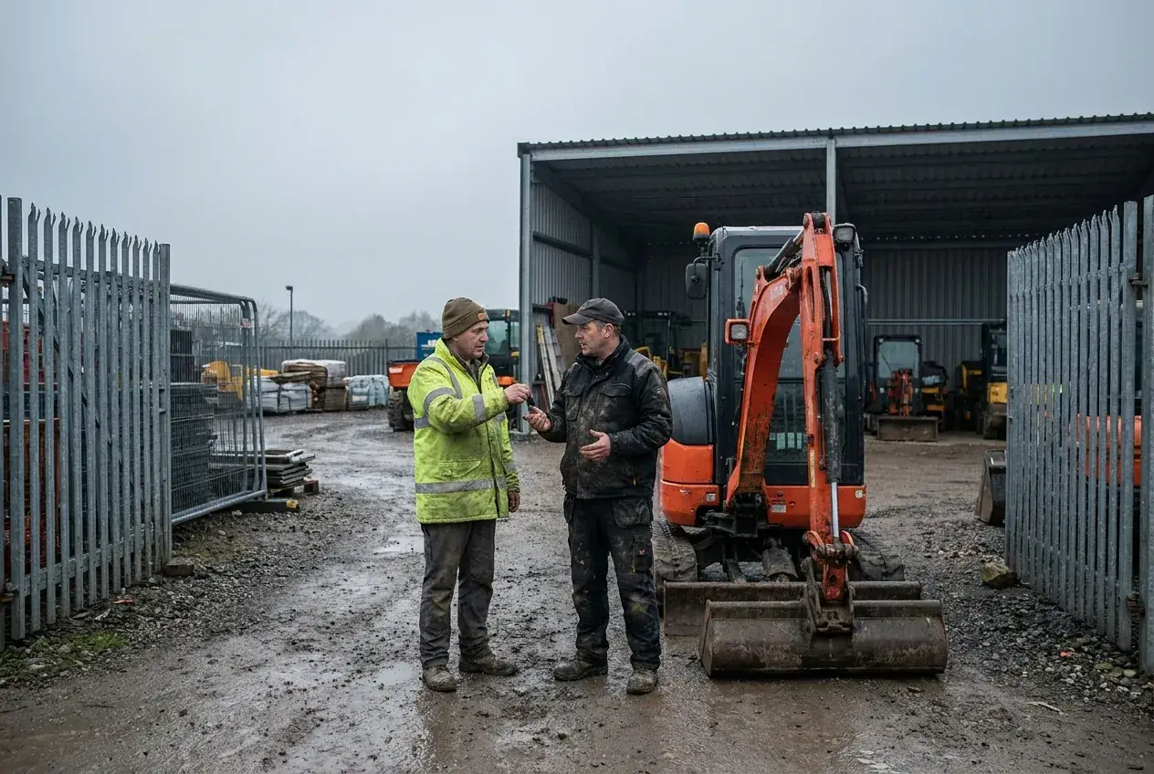 Ironline operator handing machine keys to a customer at the yard gate