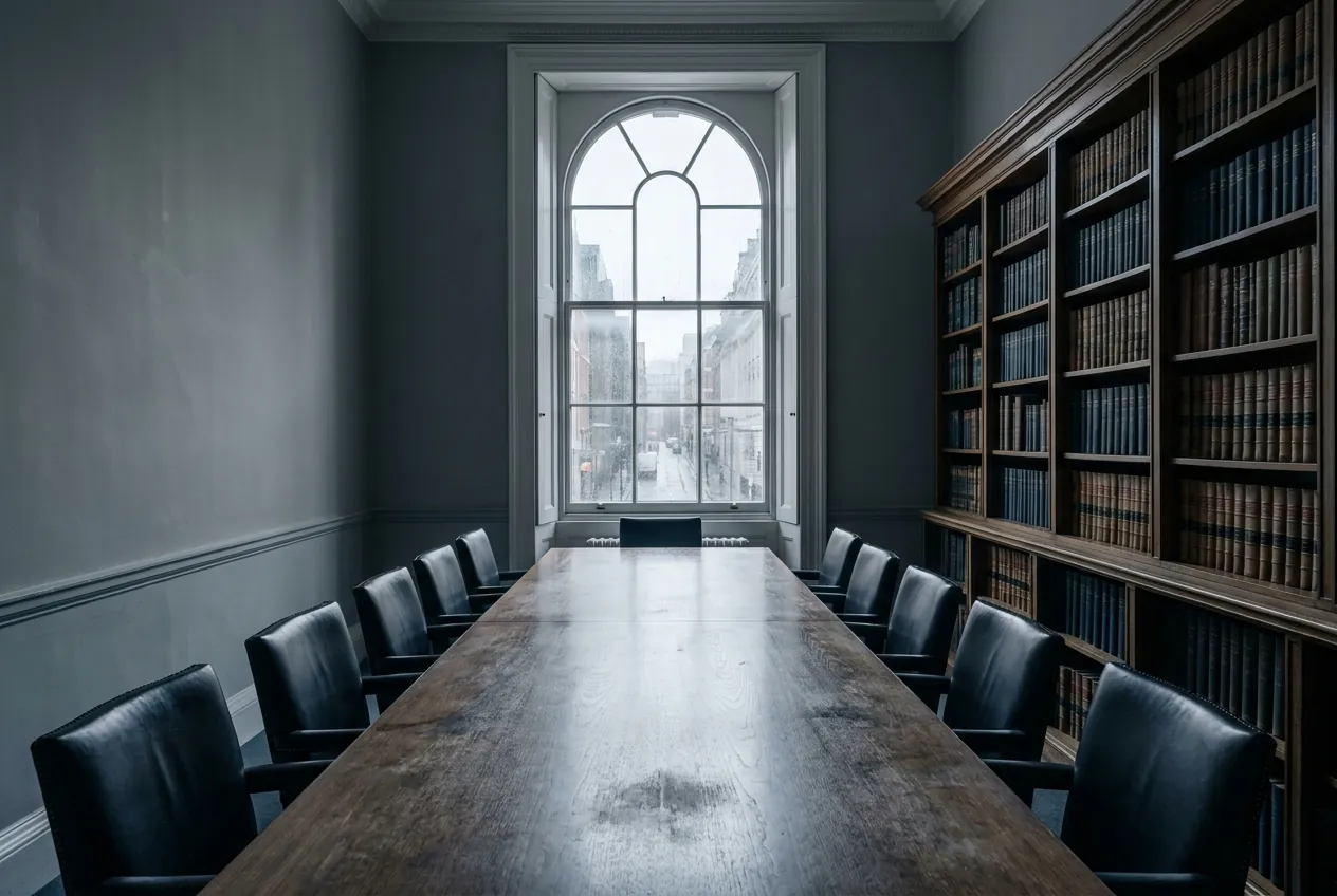 An empty boardroom, a long table of leather chairs facing a tall arched window
