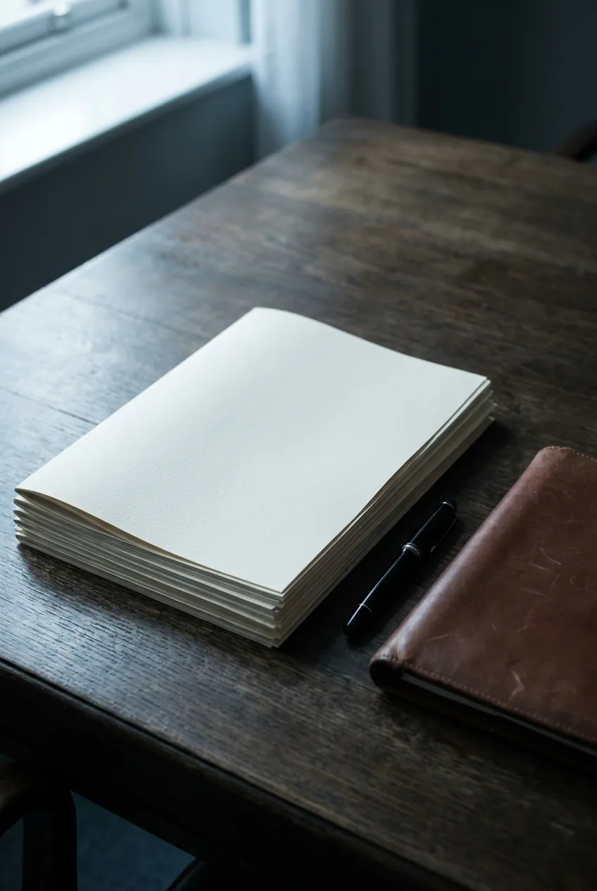A briefing pack and fountain pen laid out on a boardroom table