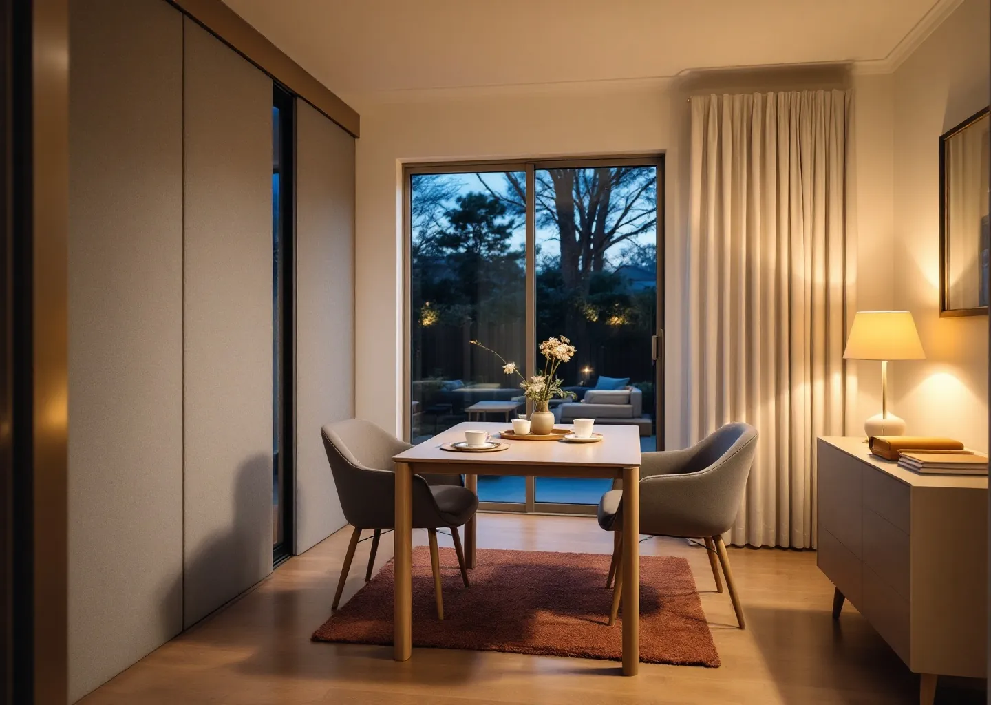 A calm mediation room with an oak table, upholstered chairs and frosted glass walls