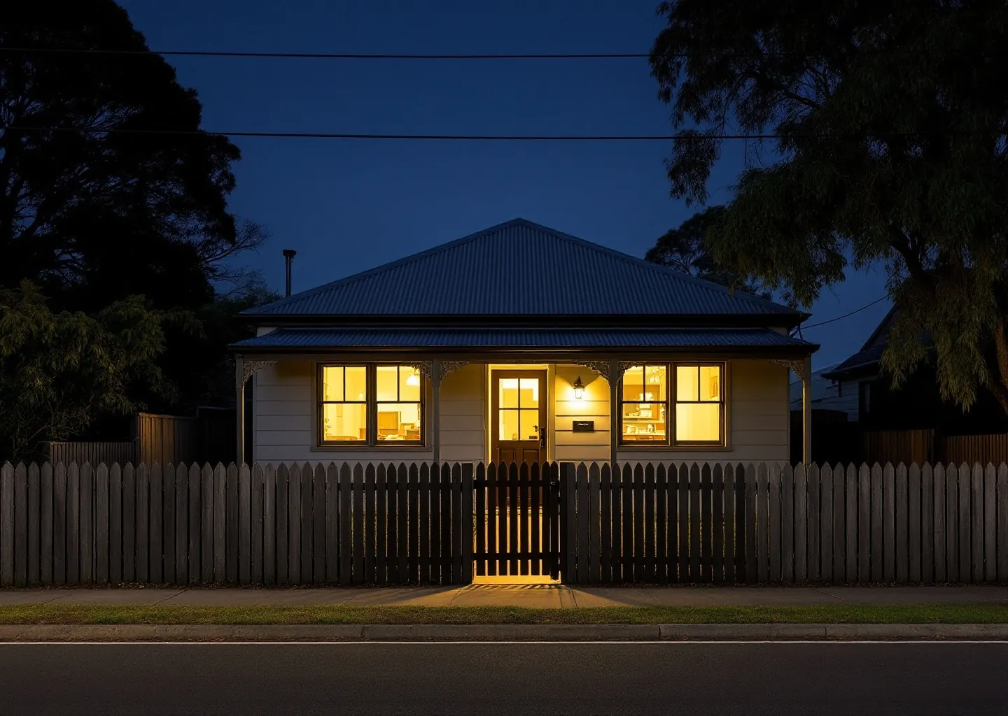 A converted timber house office at dusk with warm windows lit