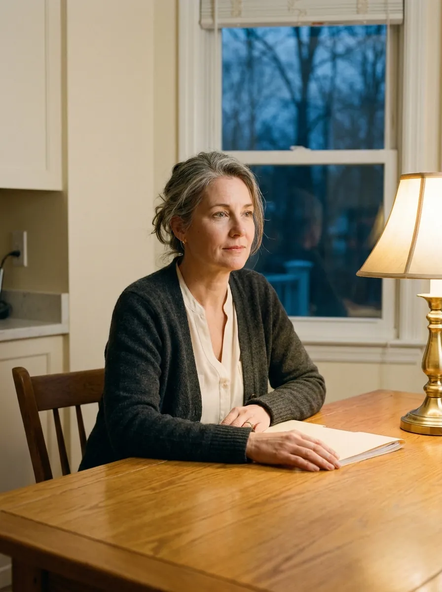 Portrait of the principal lawyer seated at a kitchen table in soft window light