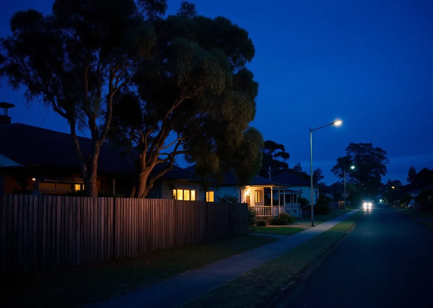 A quiet suburban street at dusk with streetlights and lit kitchen windows
