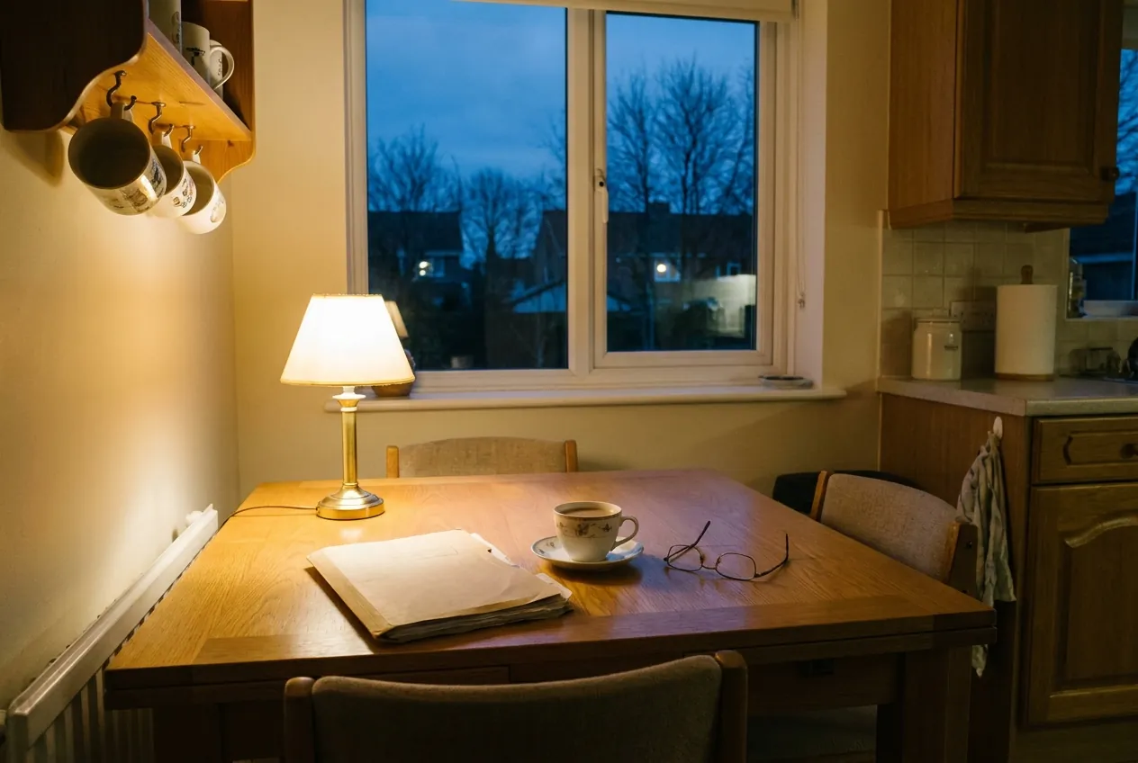 A tidy kitchen table at dusk with squared papers in a manila wallet and a single cup of tea