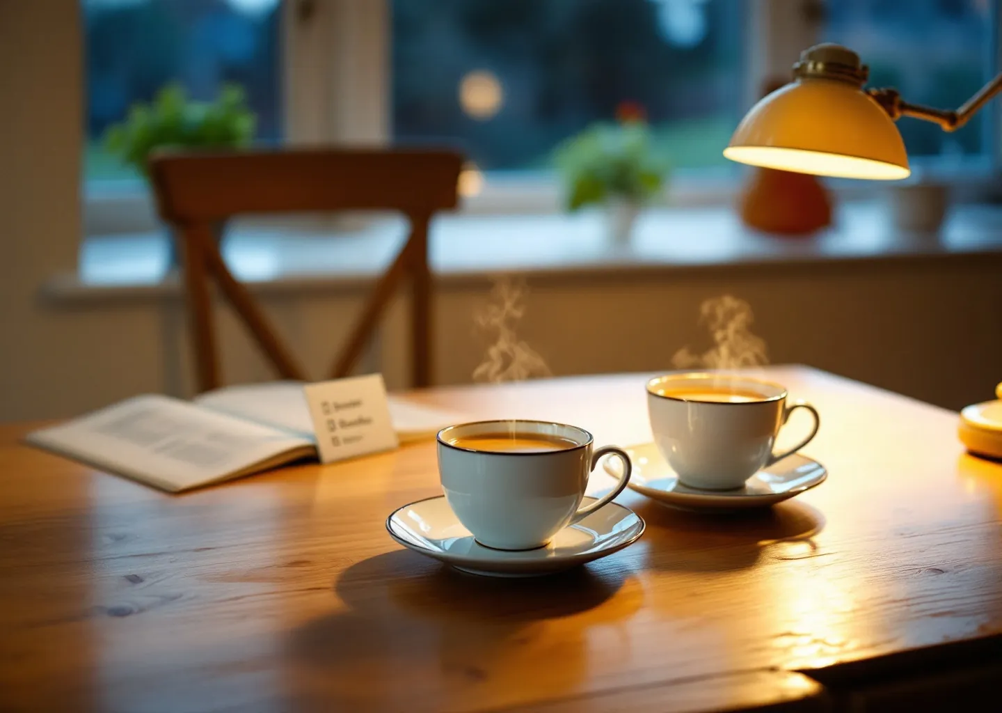 Two cups of milky tea on a wooden kitchen table