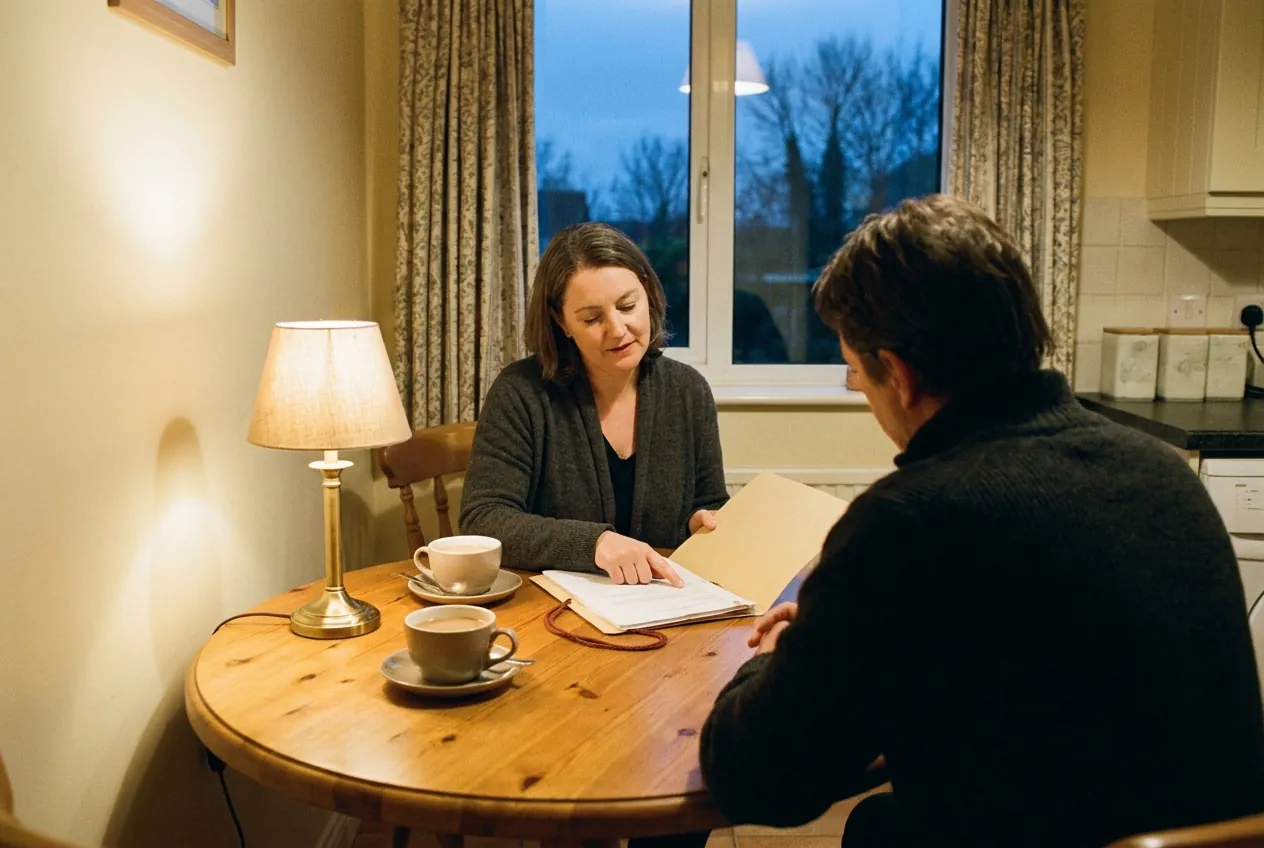 The small legal team talking together around a kitchen table with papers laid out