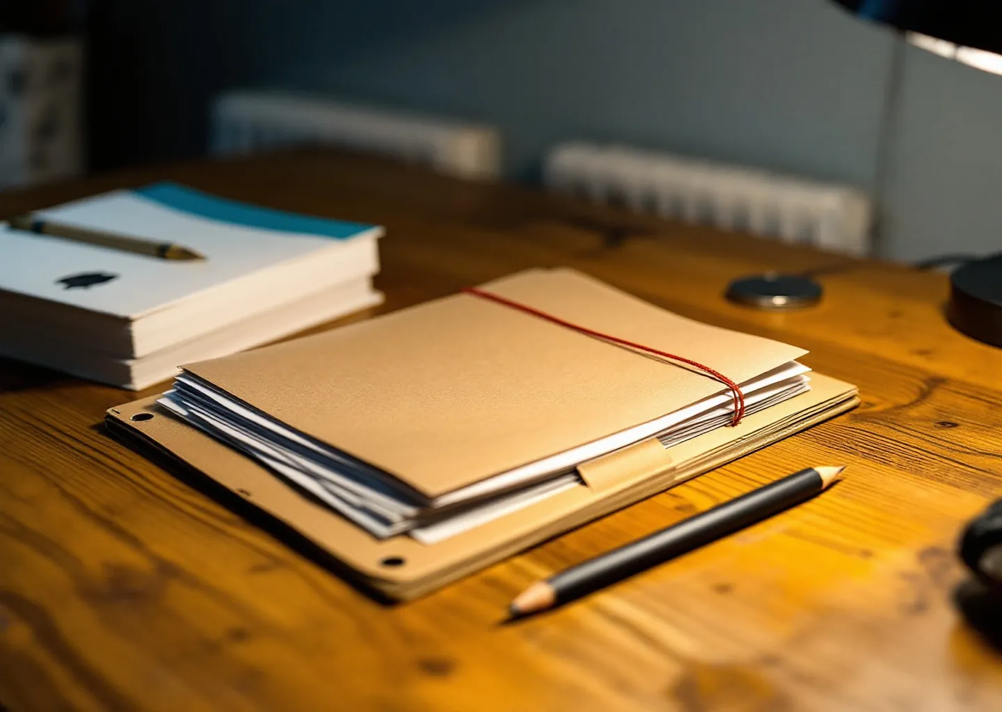 A manila document wallet bound with a cord tag on a warm lamplit desk