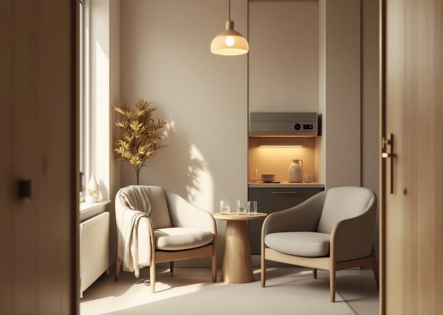 A quiet consulting corner with two armchairs, a small table and a warm pendant lamp