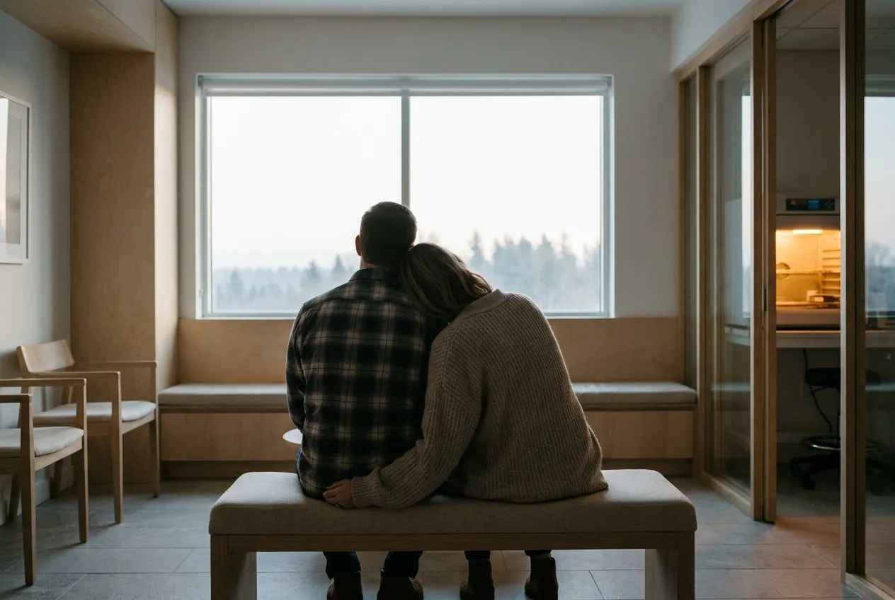 A couple seated close together on a bench, facing a wide window at dawn