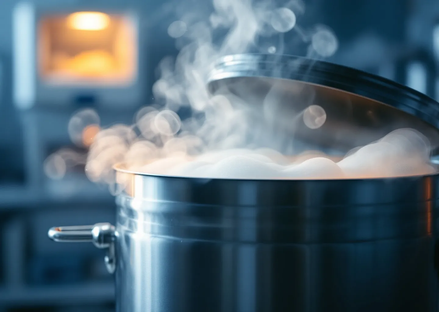 Cold vapour rising from an open steel storage tank in a laboratory