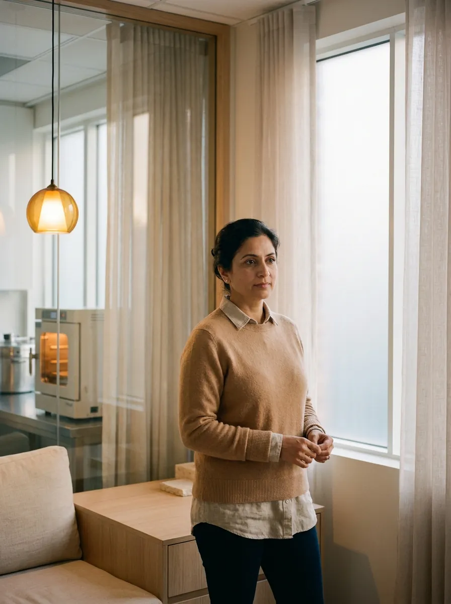 Portrait of a woman in a camel jumper standing by a consulting-room window at first light
