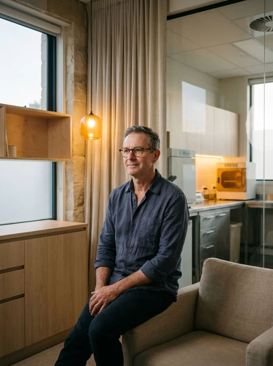 Portrait of a man in glasses and a navy shirt seated in a warm consulting room