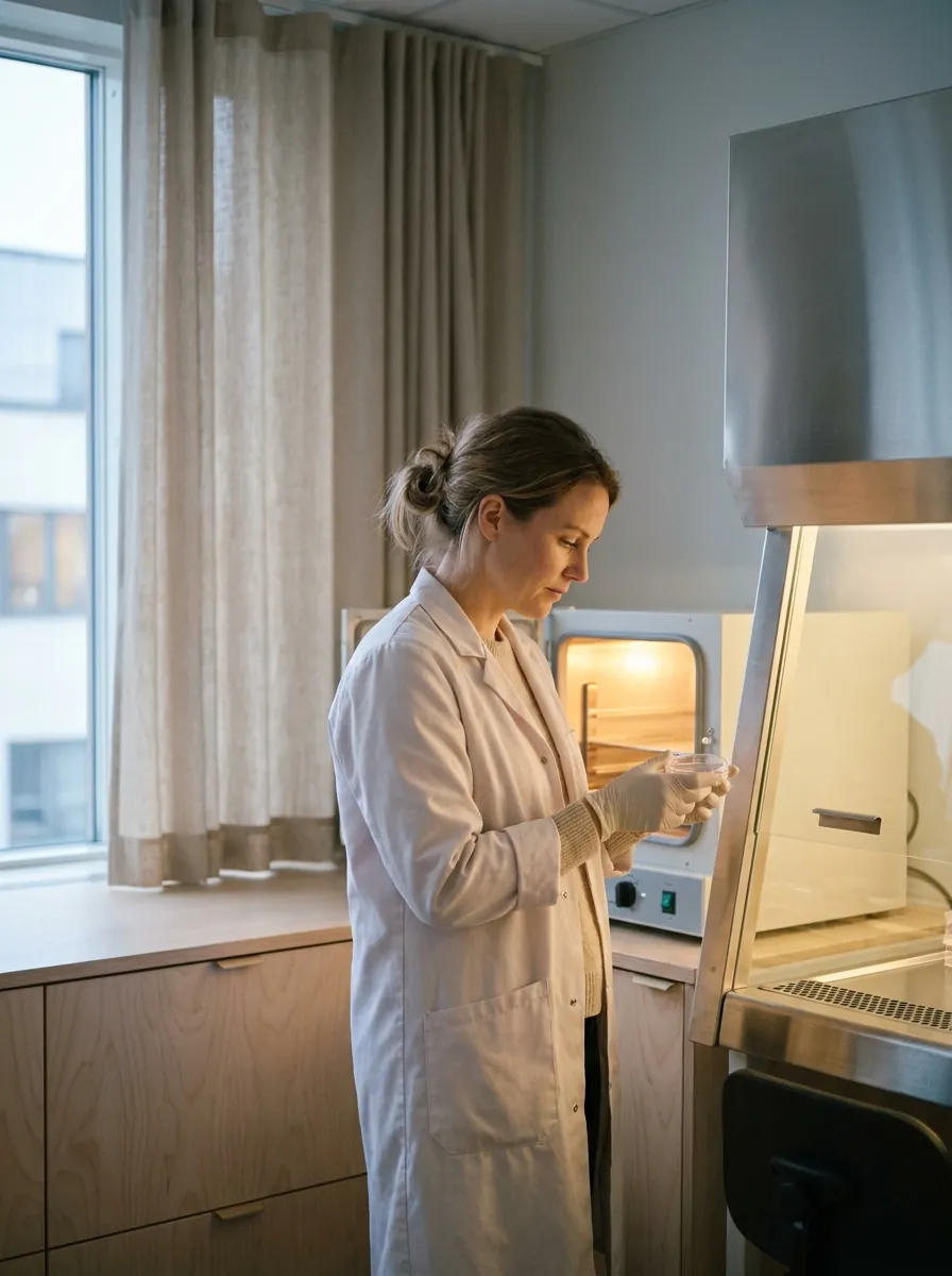 An embryologist in a white coat examining a dish beside a warm incubator