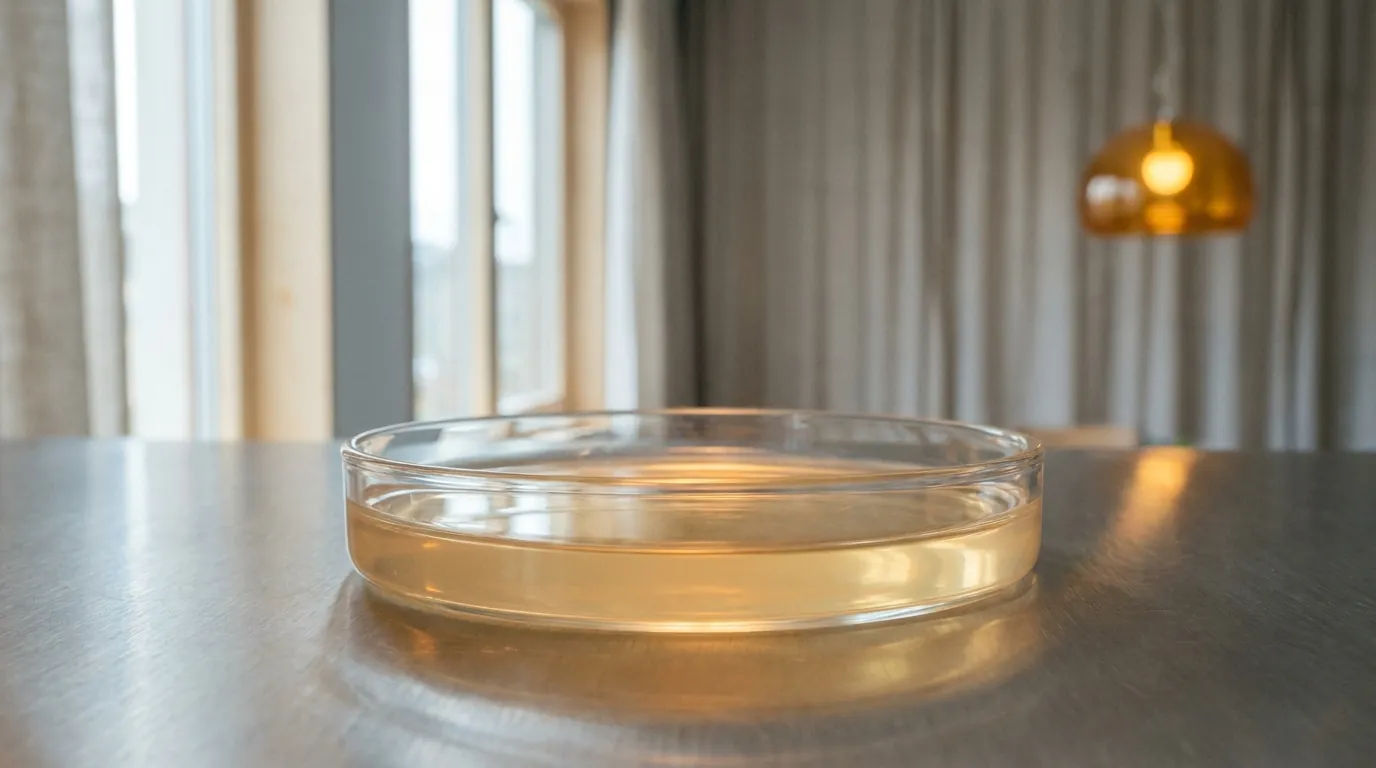A glass dish of culture medium on a steel bench, lit by a warm lamp and first light through tall windows