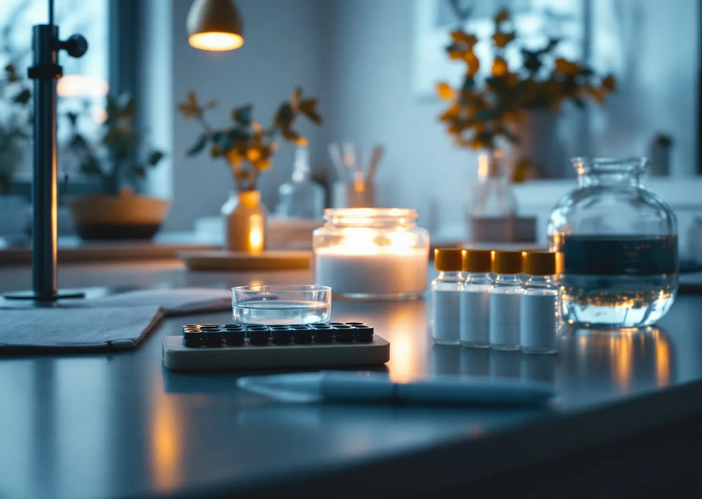 A laboratory bench at dusk with glassware, sample vials and a warm lamp